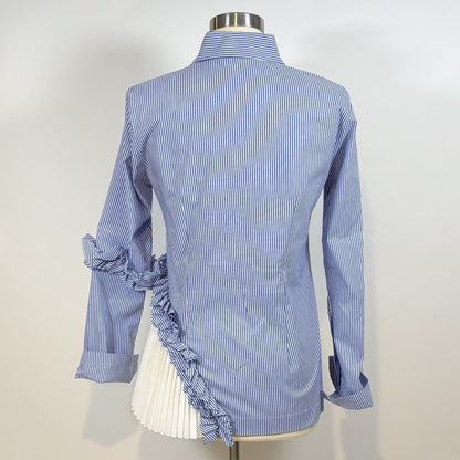 D. Exterior Button Up Blouse Ruffled Pinstripe Pleated Peekaboo Italy Medium