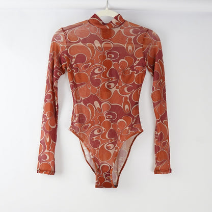 Andrea Iyamah Elle Mesh Caro Print Leotard Bodysuit - XS