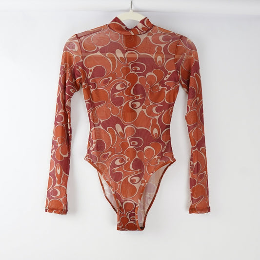 Andrea Iyamah Elle Mesh Caro Print Leotard Bodysuit - XS