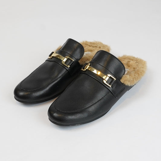 Steve Madden Khloe Faux-Fur lined Leather Mules Black Gold - 9.5