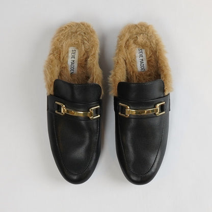 Steve Madden Khloe Faux-Fur lined Leather Mules Black Gold - 9.5