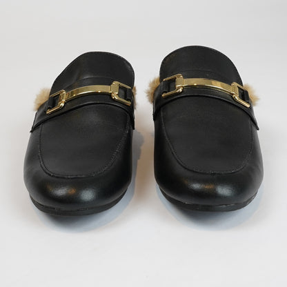 Steve Madden Khloe Faux-Fur lined Leather Mules Black Gold - 9.5