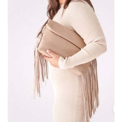 Dolce Vita Shea Large Leather Fringe Clutch Cafe Beige Soft Pebbled Leather