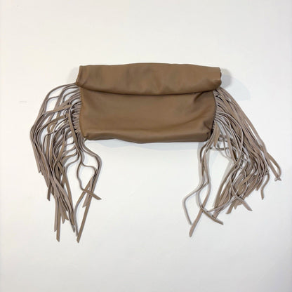 Dolce Vita Shea Large Leather Fringe Clutch Cafe Beige Soft Pebbled Leather