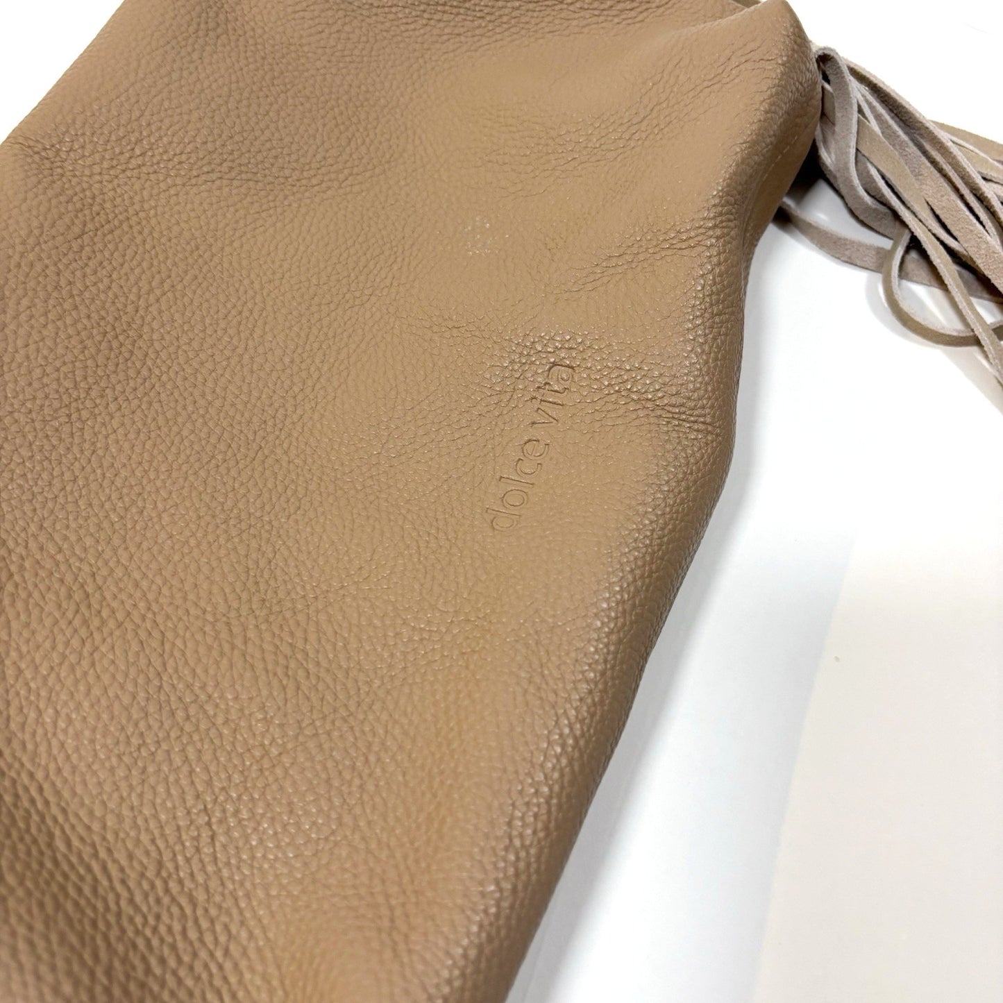 Dolce Vita Shea Large Leather Fringe Clutch Cafe Beige Soft Pebbled Leather