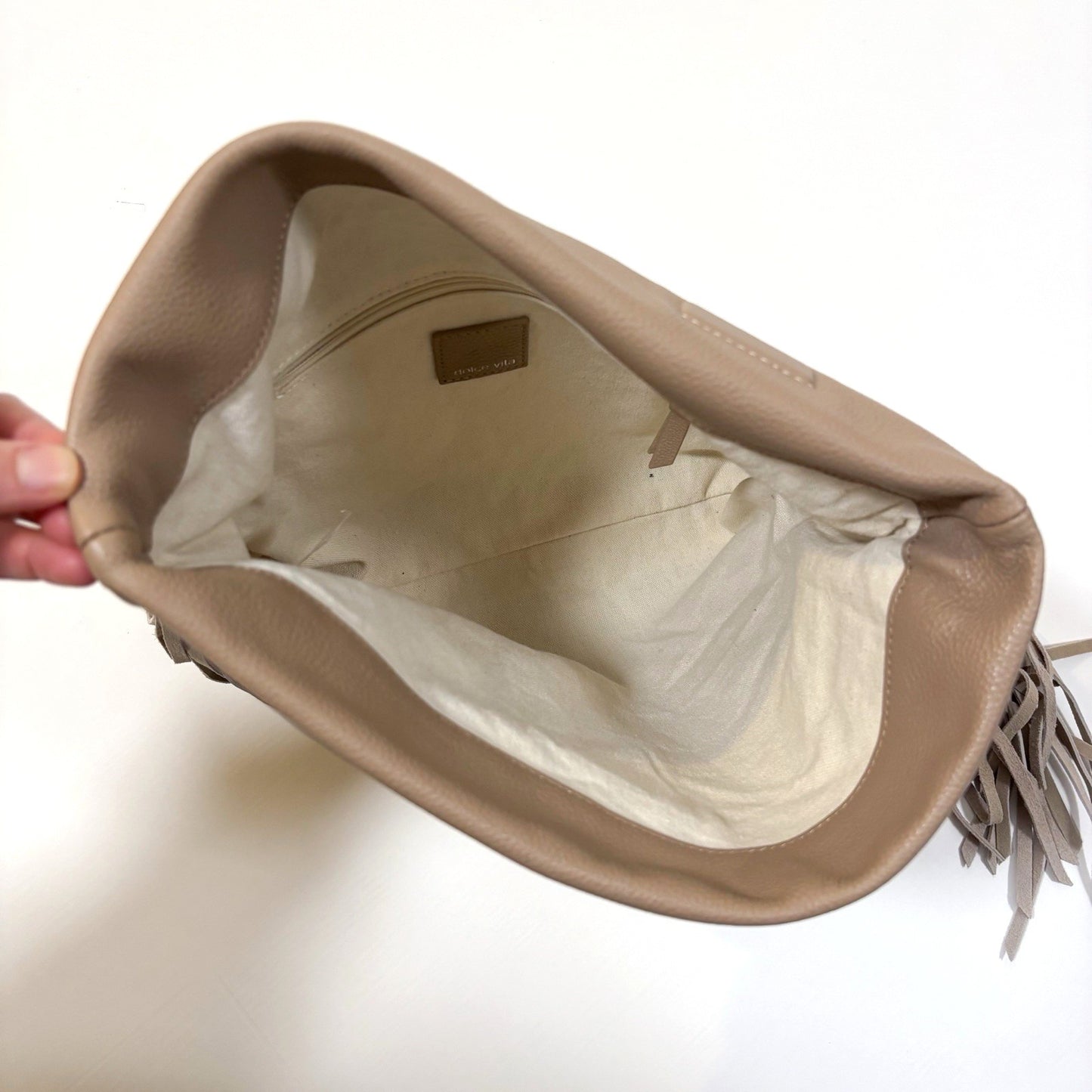 Dolce Vita Shea Large Leather Fringe Clutch Cafe Beige Soft Pebbled Leather