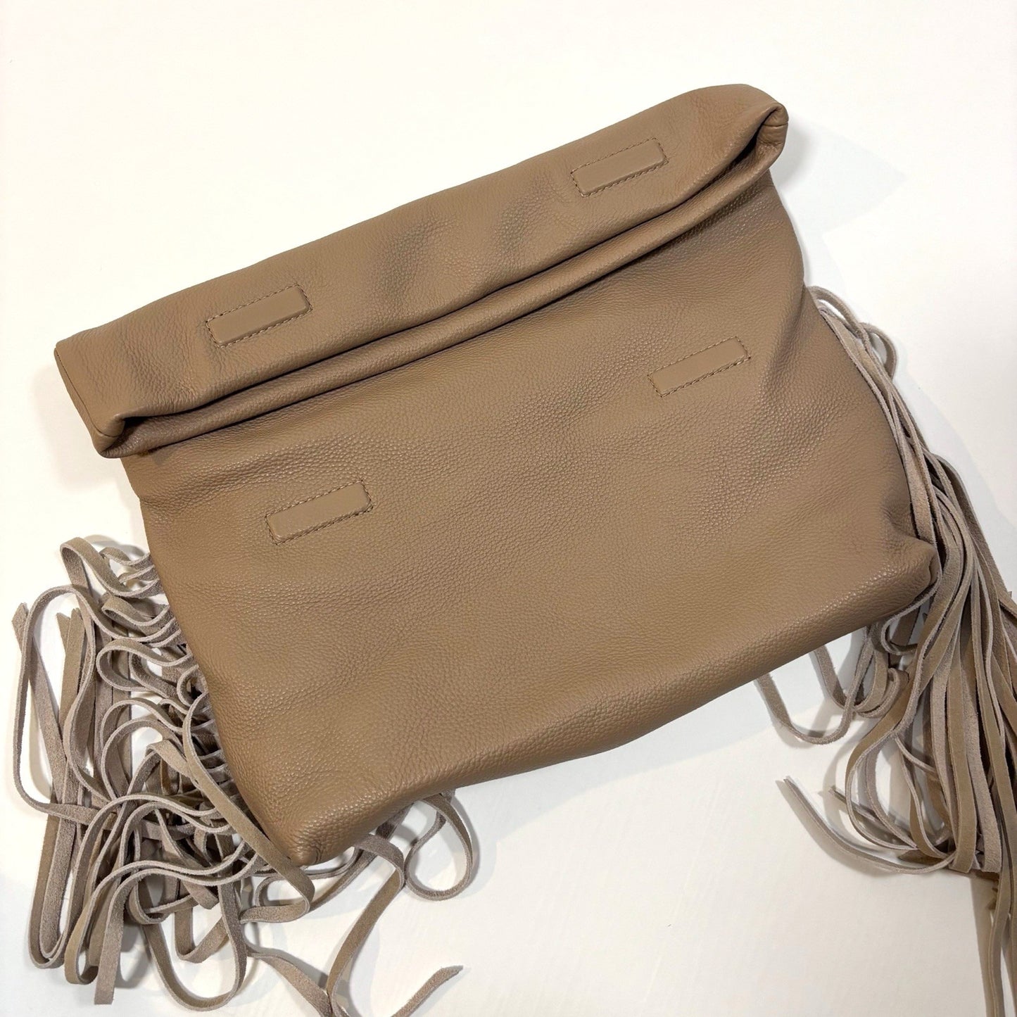 Dolce Vita Shea Large Leather Fringe Clutch Cafe Beige Soft Pebbled Leather