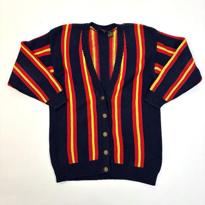 VTG Liz Sport Chunky Knit Cardigan Navy Red Yellow Stripe - Medium