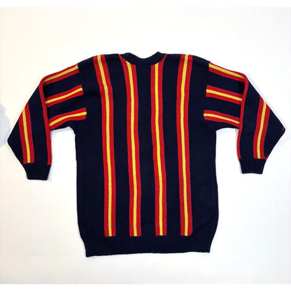 VTG Liz Sport Chunky Knit Cardigan Navy Red Yellow Stripe - Medium