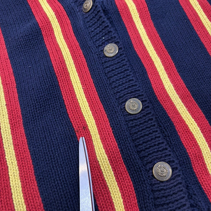 VTG Liz Sport Chunky Knit Cardigan Navy Red Yellow Stripe - Medium