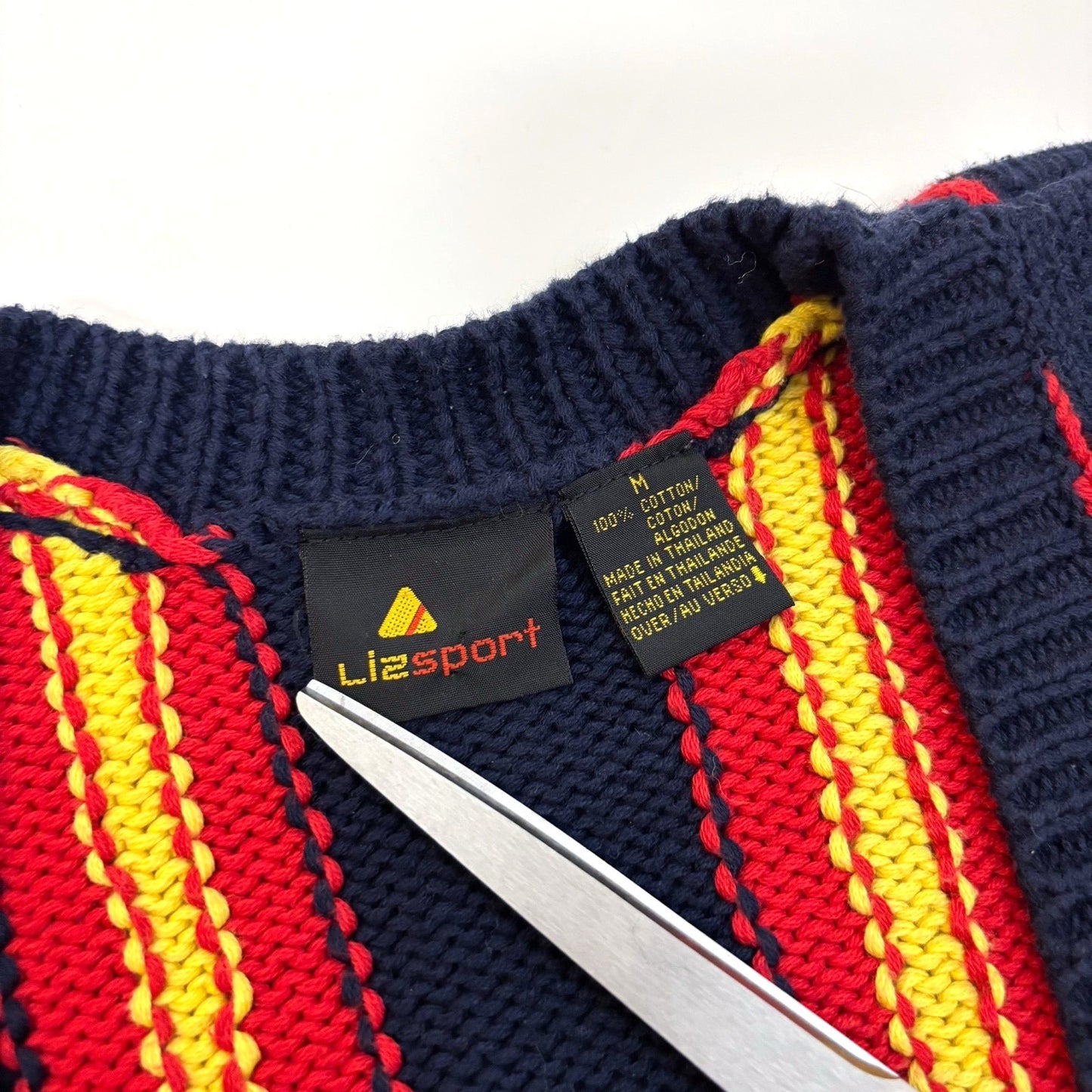 VTG Liz Sport Chunky Knit Cardigan Navy Red Yellow Stripe - Medium