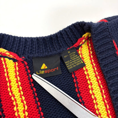 VTG Liz Sport Chunky Knit Cardigan Navy Red Yellow Stripe - Medium