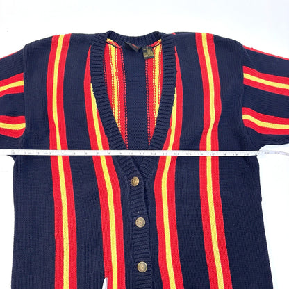 VTG Liz Sport Chunky Knit Cardigan Navy Red Yellow Stripe - Medium