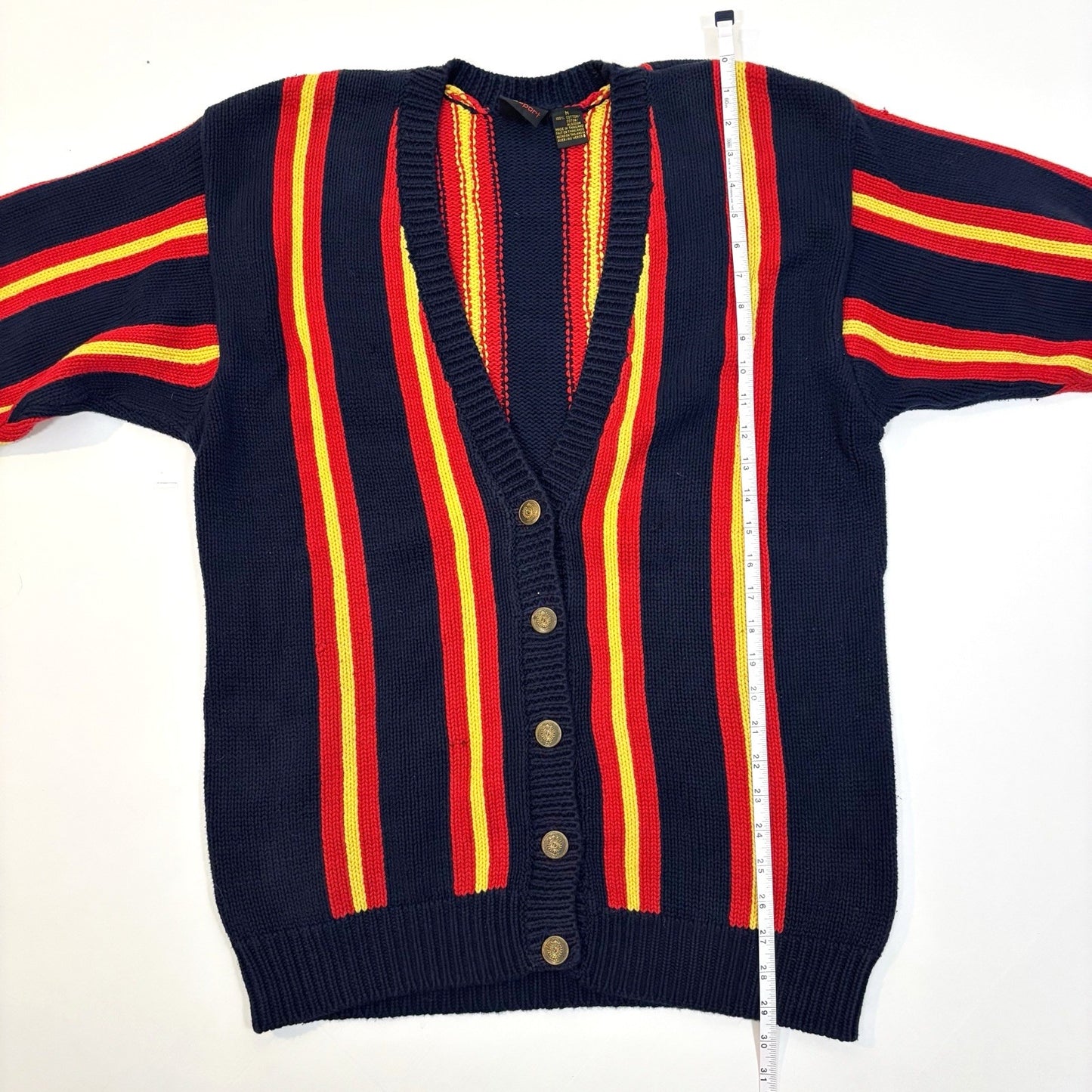 VTG Liz Sport Chunky Knit Cardigan Navy Red Yellow Stripe - Medium