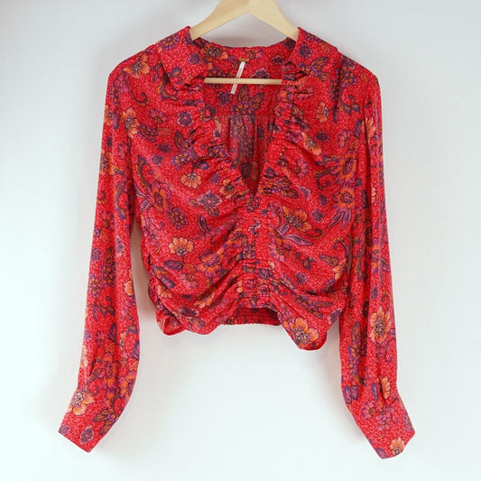 Free People Got You Floral Cinch Blouse in Ruby - S