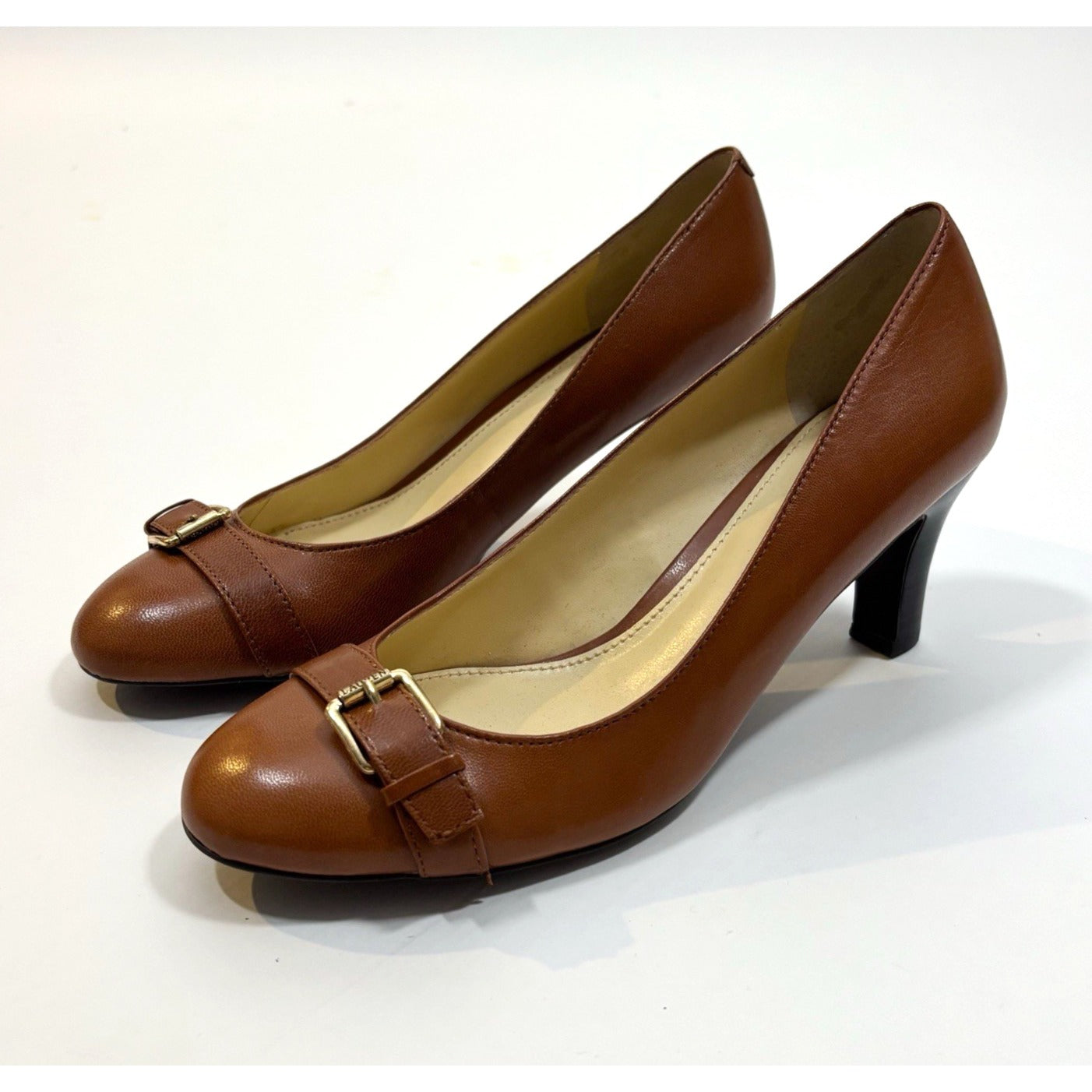 Ralph Lauren LRL Saffron Gold Buckle Leather Pump Camel Brown - Size 8