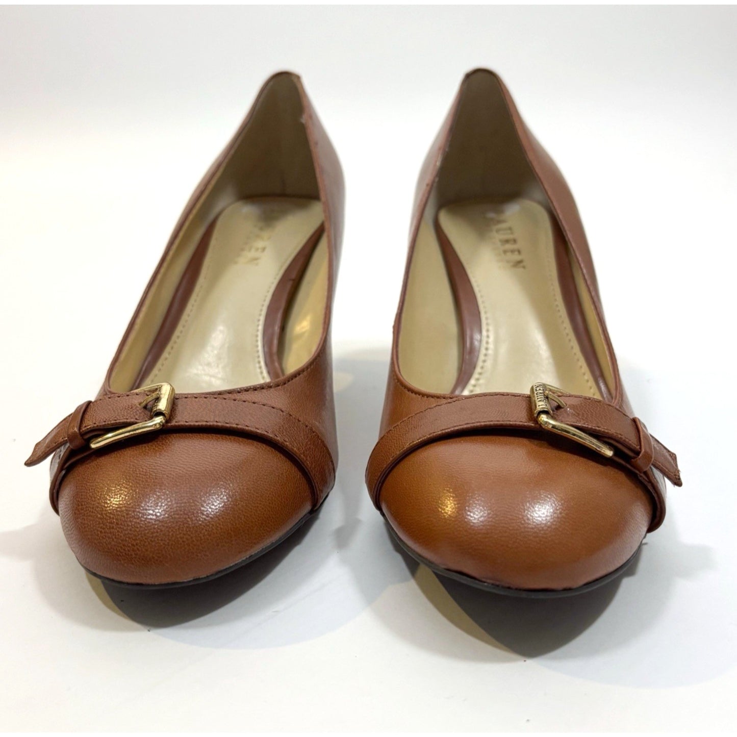 Ralph Lauren LRL Saffron Gold Buckle Leather Pump Camel Brown - Size 8