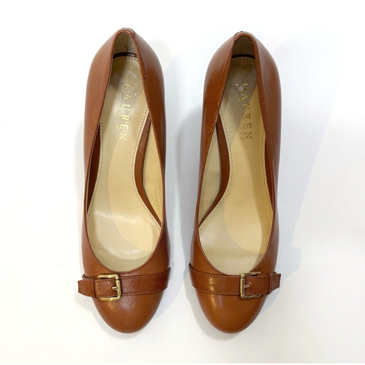 Ralph Lauren LRL Saffron Gold Buckle Leather Pump Camel Brown - Size 8