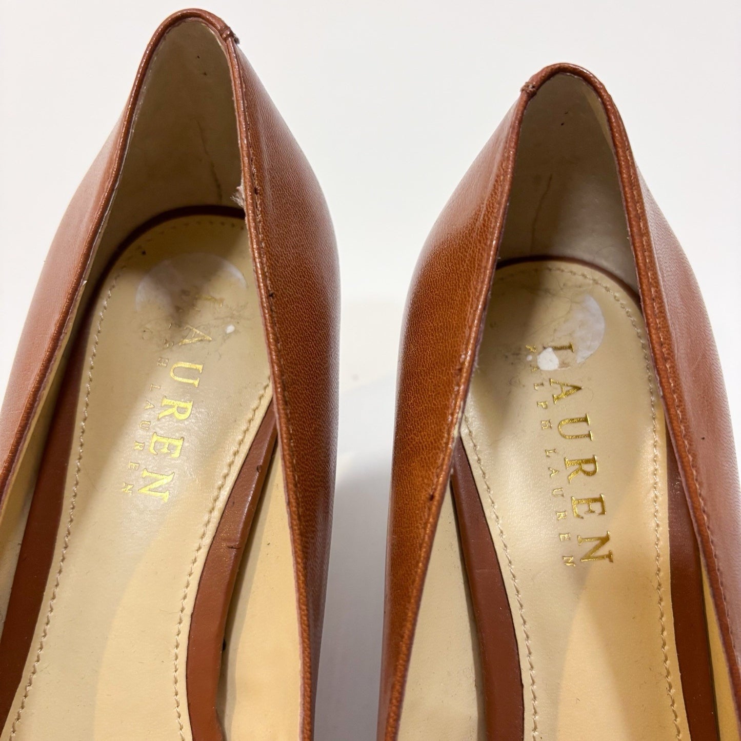 Ralph Lauren LRL Saffron Gold Buckle Leather Pump Camel Brown - Size 8