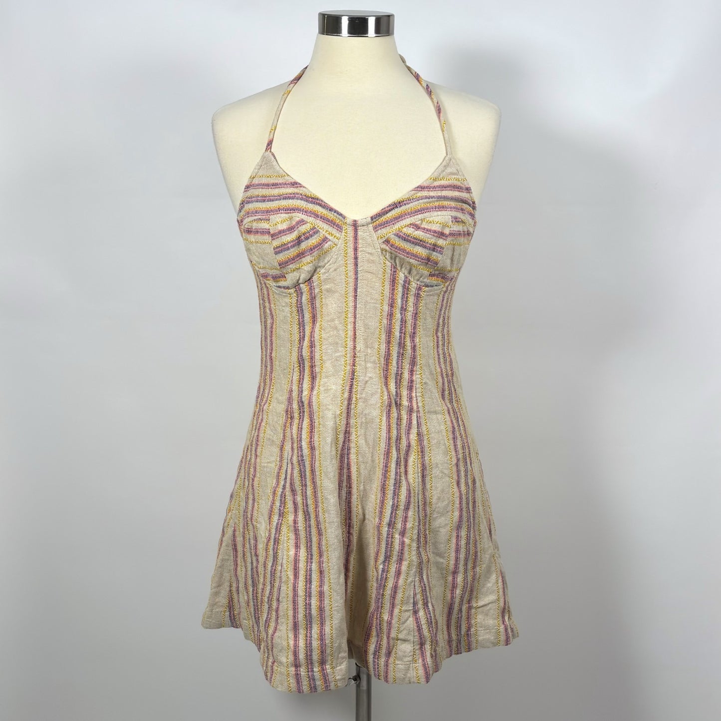 Free People Striped Open Back Halter Mini Dress Cotton Linen Oatmeal - M