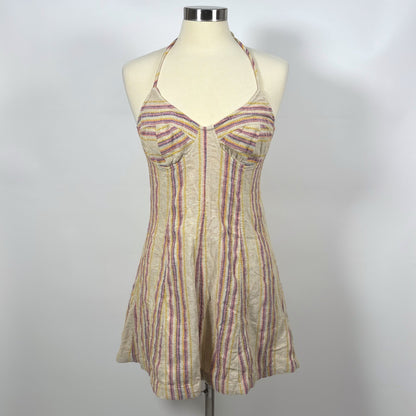 Free People Striped Open Back Halter Mini Dress Cotton Linen Oatmeal - M