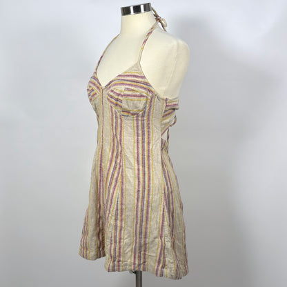 Free People Striped Open Back Halter Mini Dress Cotton Linen Oatmeal - M