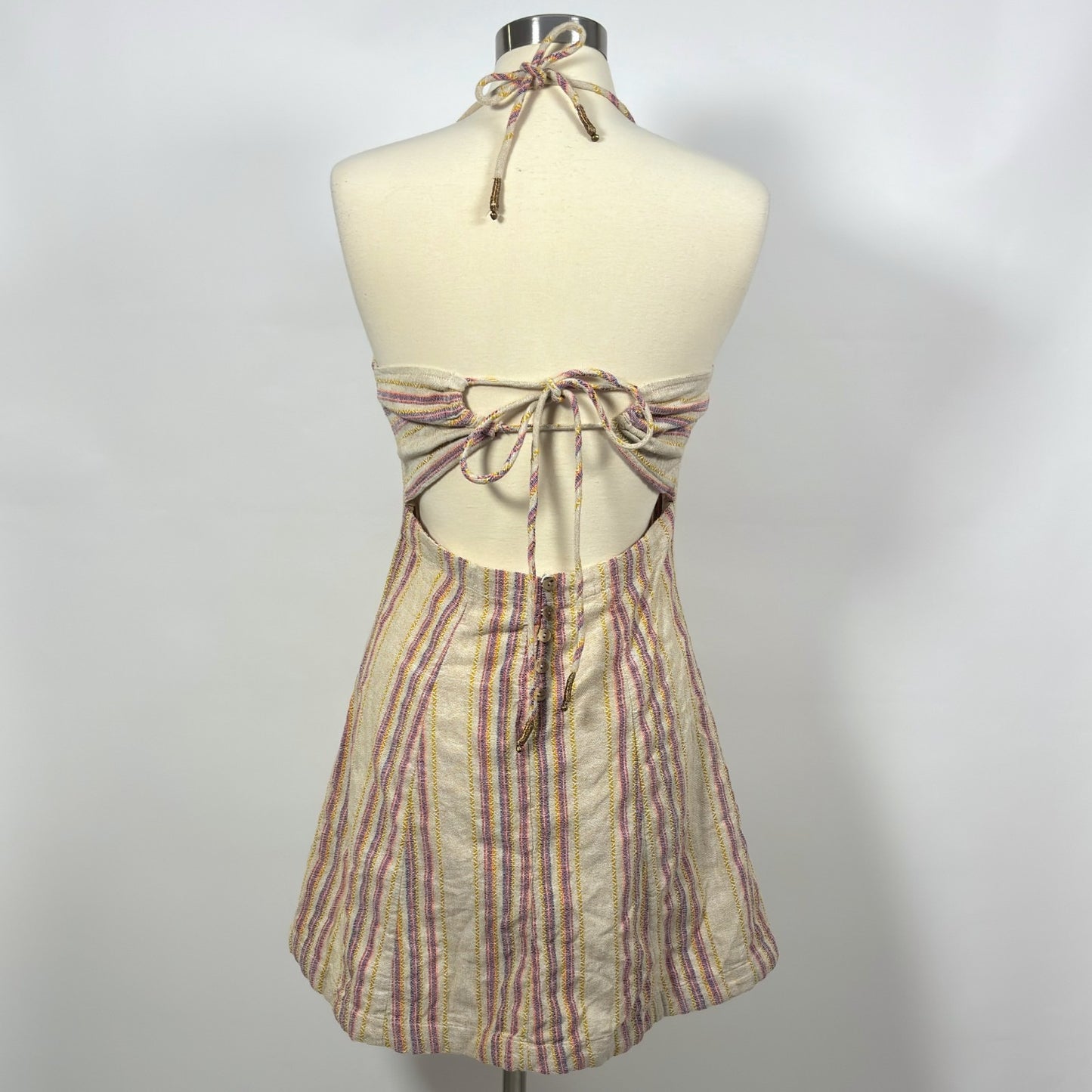 Free People Striped Open Back Halter Mini Dress Cotton Linen Oatmeal - M