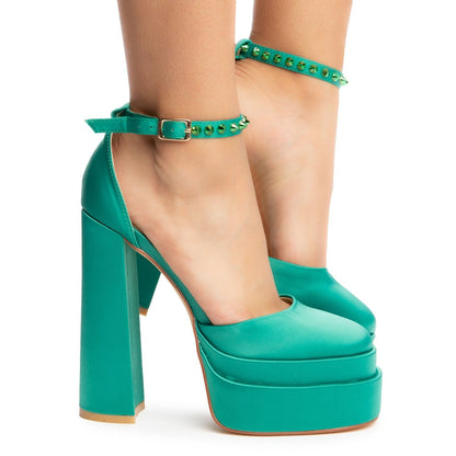 Azalea Wang Penelope Green Satin Studded Mega Platform Heels - 8.5