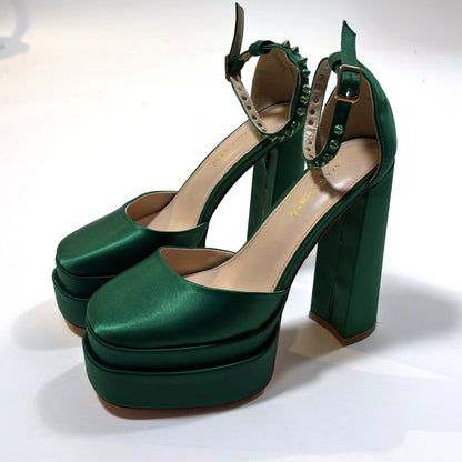 Azalea Wang Penelope Green Satin Studded Mega Platform Heels - 8.5
