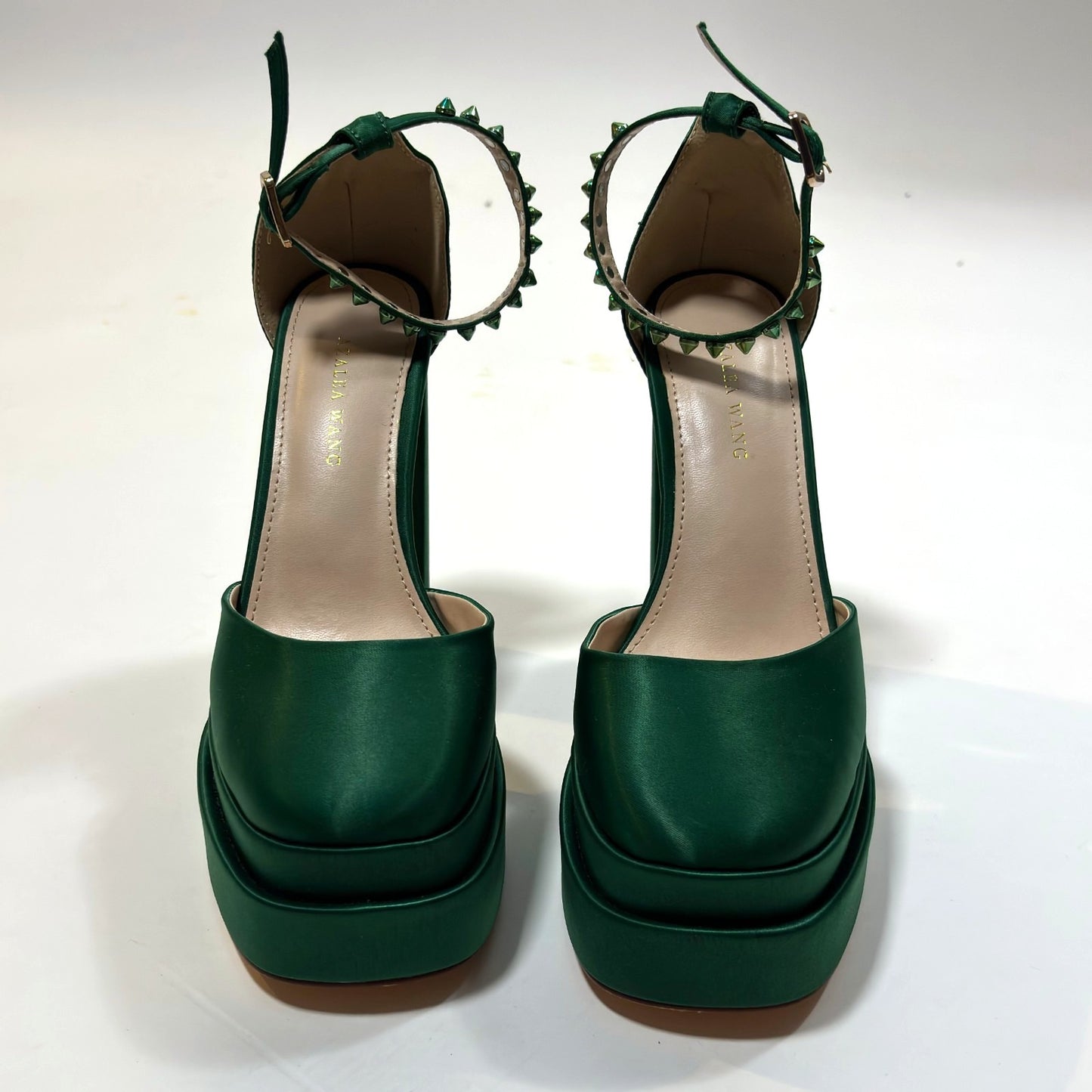 Azalea Wang Penelope Green Satin Studded Mega Platform Heels - 8.5