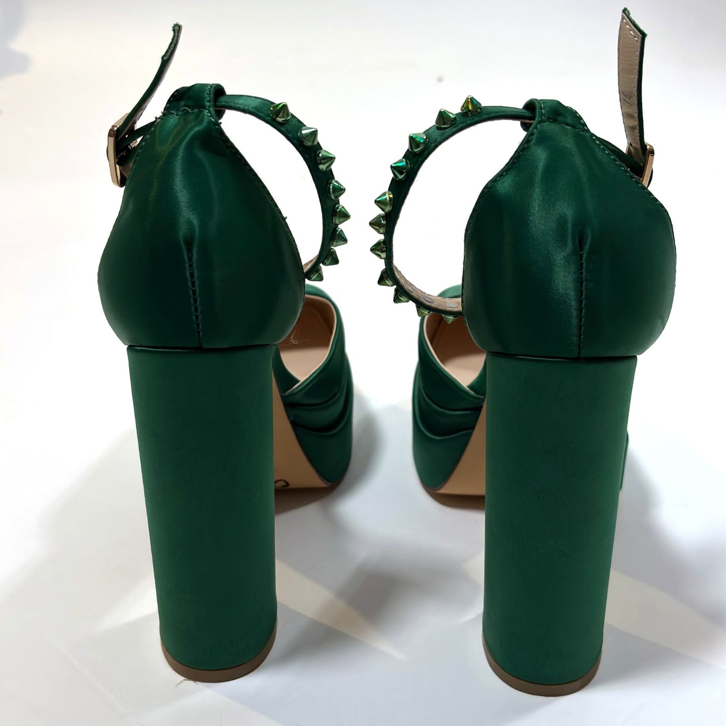Azalea Wang Penelope Green Satin Studded Mega Platform Heels - 8.5