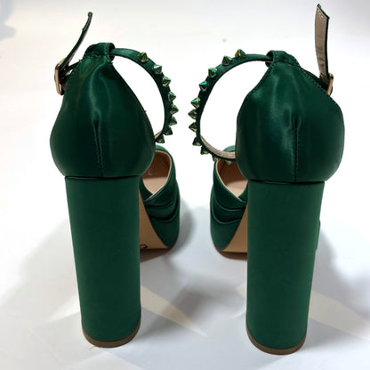 Azalea Wang Penelope Green Satin Studded Mega Platform Heels - 8.5