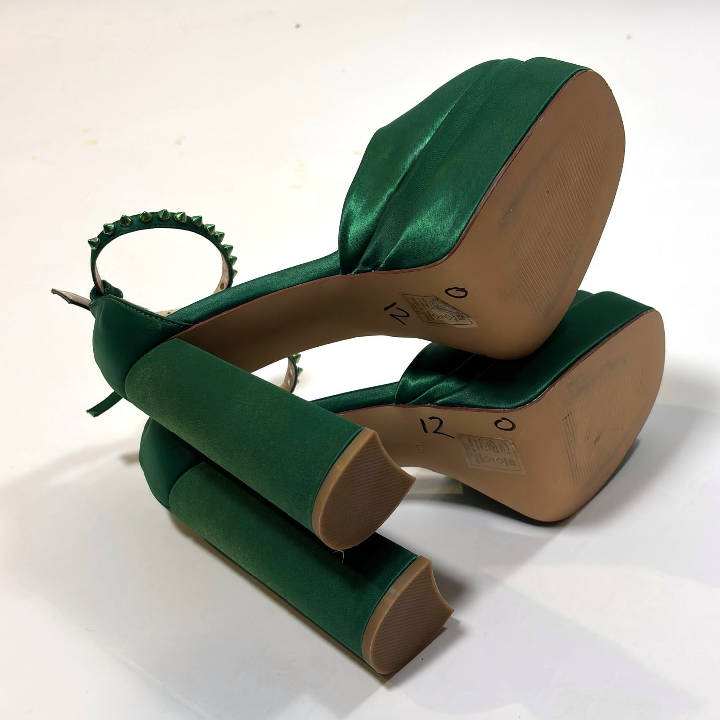 Azalea Wang Penelope Green Satin Studded Mega Platform Heels - 8.5