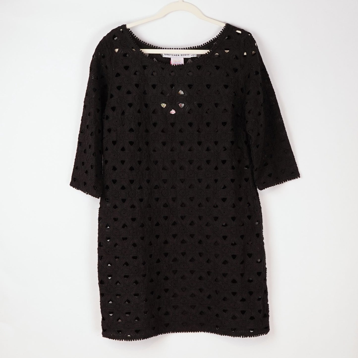 Gretchen Scott Pizelle Dress 3/4 Sleeve Eyelet Lace Black - L