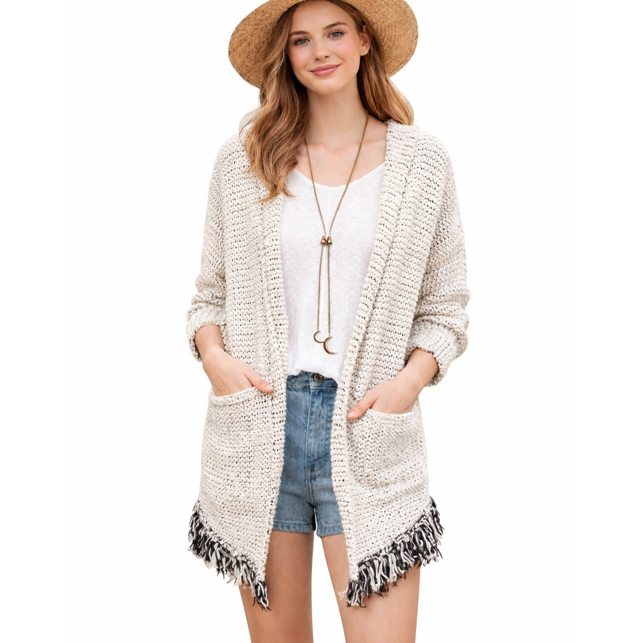 Free People Love Me Tender Fringe Open Front Hooded Cardigan Cotton - M