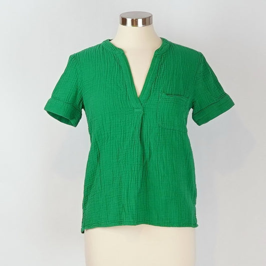 J Crew V-neck Double Gauze Popover Short Sleeve Blouse Green - XS