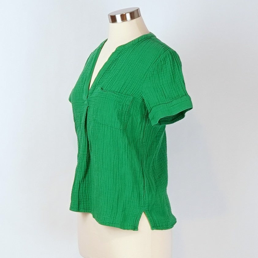 J Crew V-neck Double Gauze Popover Short Sleeve Blouse Green - XS