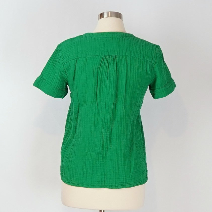 J Crew V-neck Double Gauze Popover Short Sleeve Blouse Green - XS