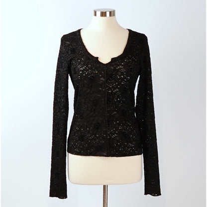 Free People Cloud Ride Notch Long Sleeve Black Floral Lace - L