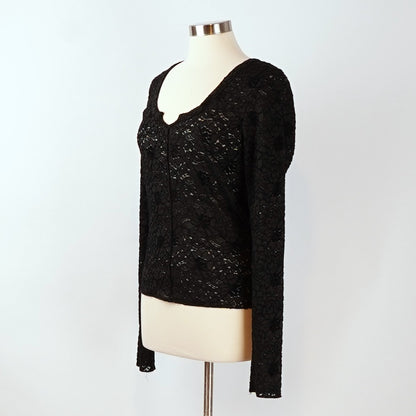 Free People Cloud Ride Notch Long Sleeve Black Floral Lace - L