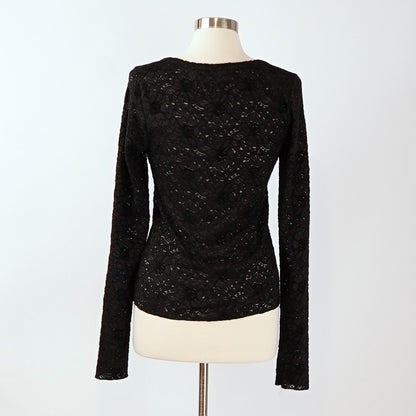 Free People Cloud Ride Notch Long Sleeve Black Floral Lace - L