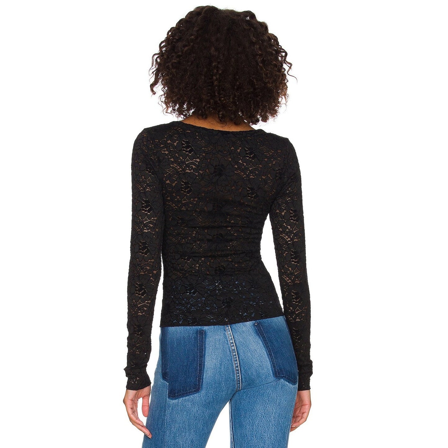 Free People Cloud Ride Notch Long Sleeve Black Floral Lace - L