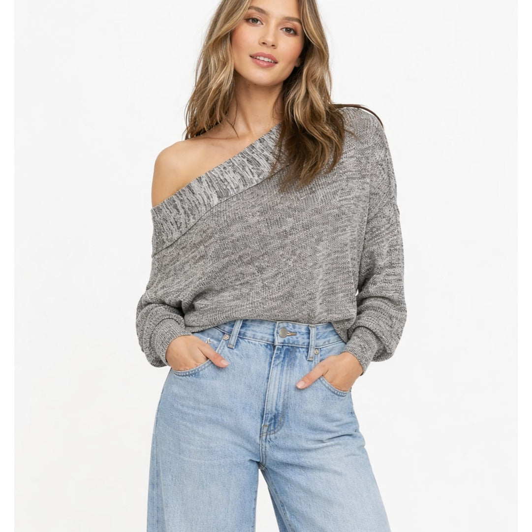 Free People Alana Knit Off Shoulder Sweater Gray Oversize Cotton Linen - S