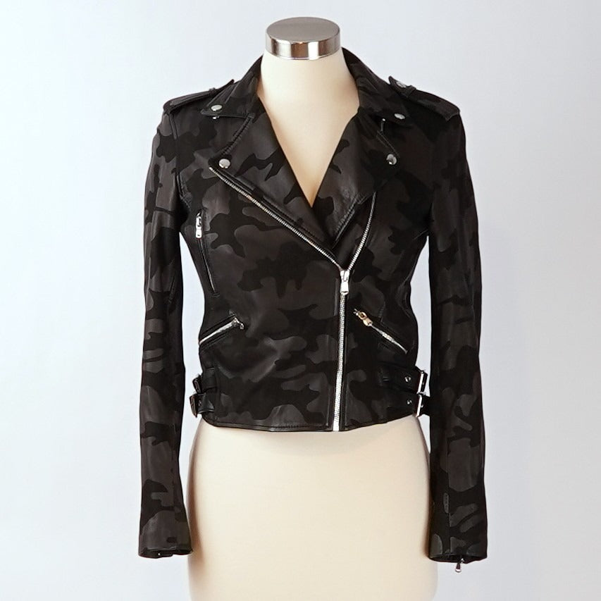 Generation Love Lamb Leather Camo Spenser Moto Jacket Black - S