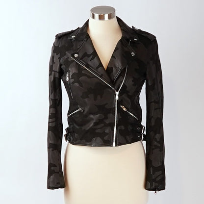 Generation Love Lamb Leather Camo Spenser Moto Jacket Black - S