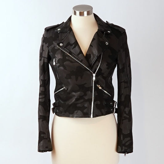 Generation Love Lamb Leather Camo Spenser Moto Jacket Black - S