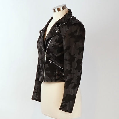 Generation Love Lamb Leather Camo Spenser Moto Jacket Black - S