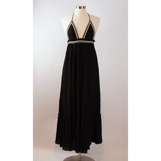 Free People Love Shakin Triangle Halter Maxi Dress Black Cream - XS