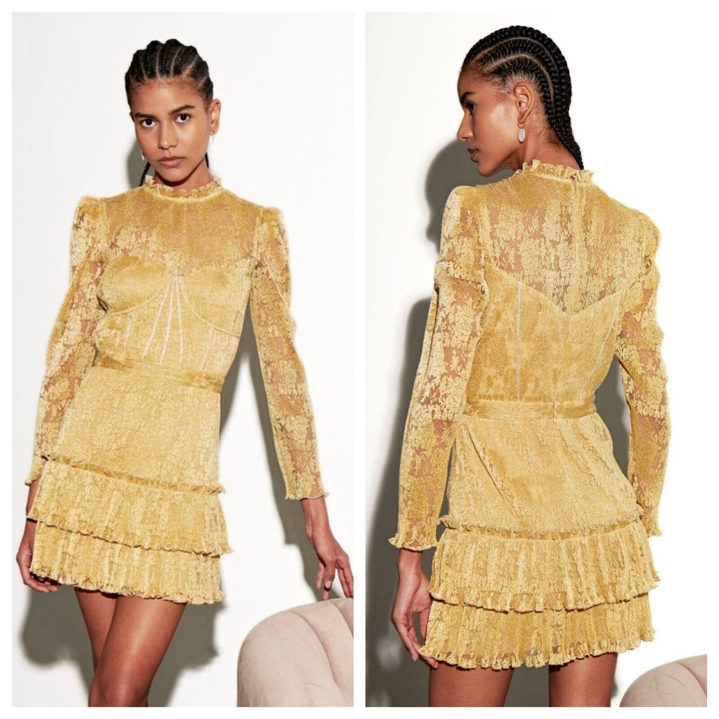 Saylor Adria Long Sleeve Lace Dress Gold - XS