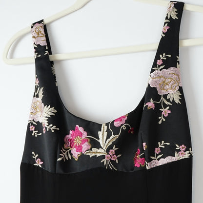 Cache Black Formal Maxi Dress Pink Floral Embroidered - Vintage 8
